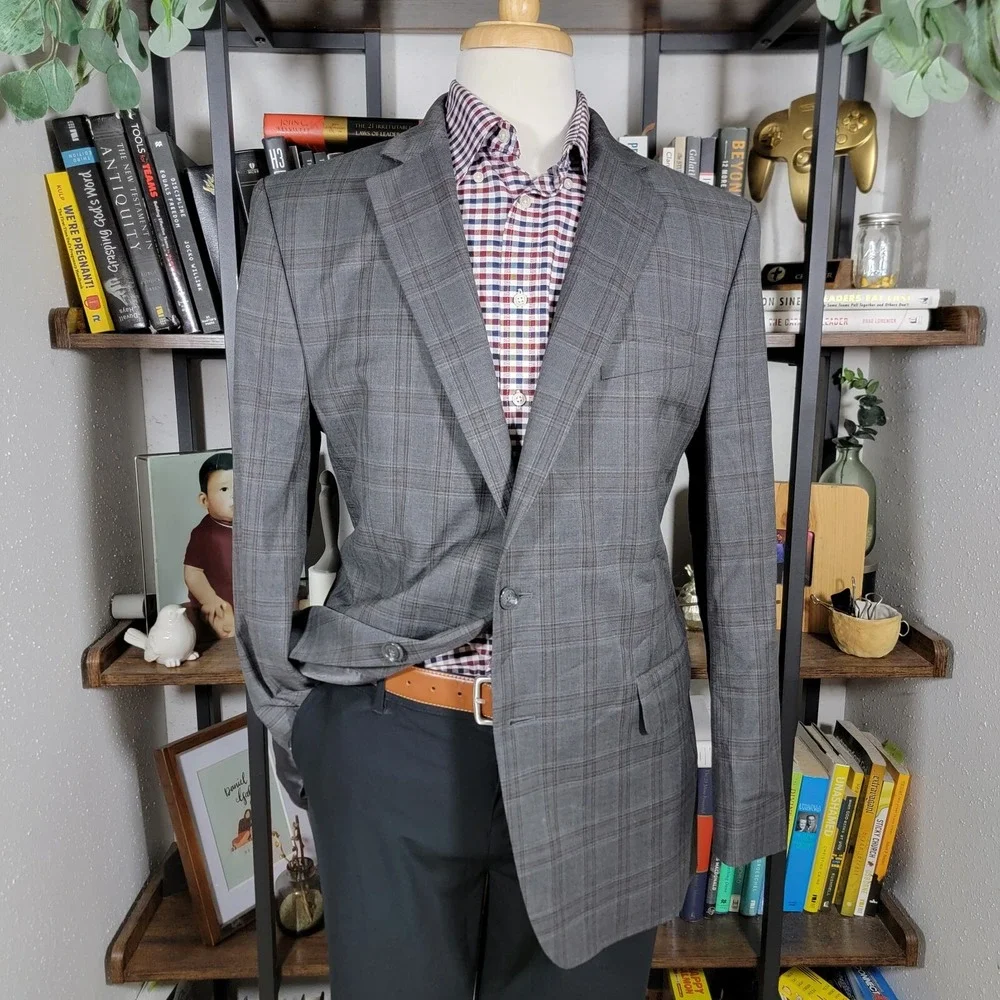 Stafford Men's Sport Coat Blazer Two Button Gray Brown Plaid Classic‎ Fit Sz 44R